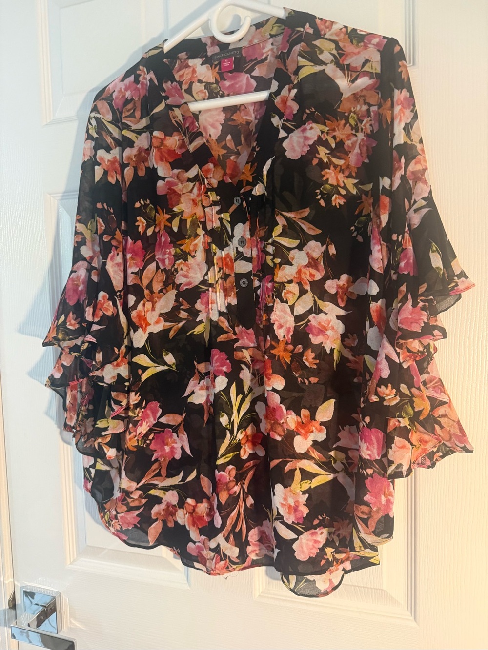 Vince Camuto Sheer Black Floral Ruffle Sleeve Women's Blouse - Pink Floral